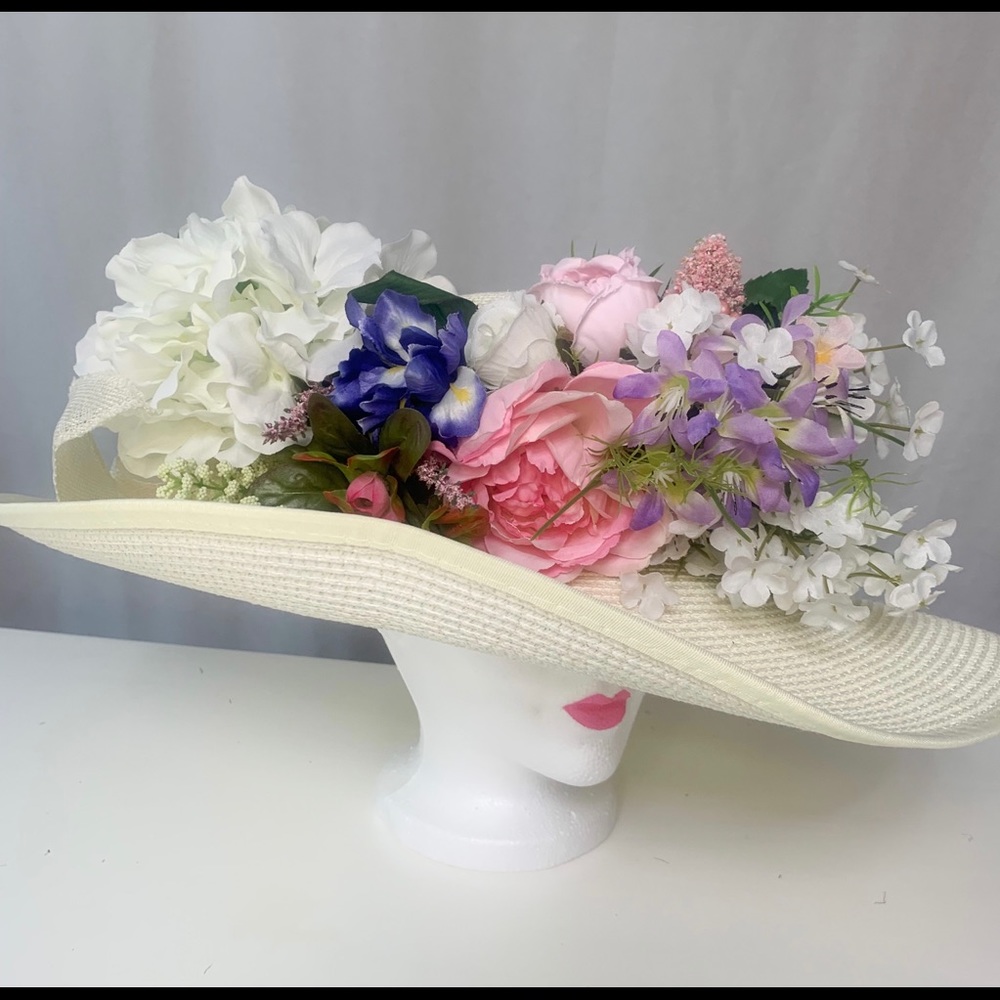 Beautiful multi colored custom flower sun hat for Beach / Derby / Steeplechase !
